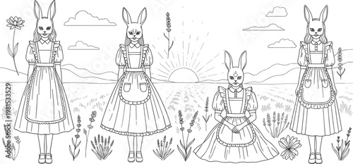 PrintSurreal Bunny Girl Characters in Vintage Dresses Standing in Nature Landscape with Sunrise, Flowers, and Whimsical Fantasy Line Art Illustration Style