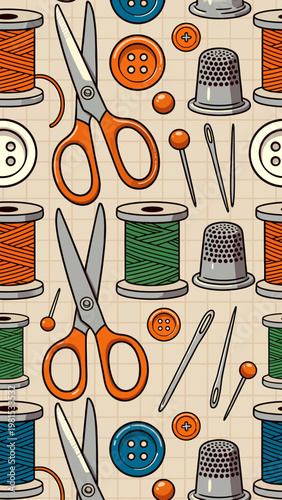 A vibrant and playful pattern featuring sewing essentials that inspire creativity and craftsmanship in every stitch!