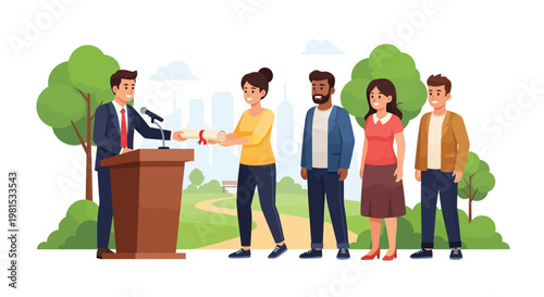 Politician Shaking Hands with Citizen at Podium.