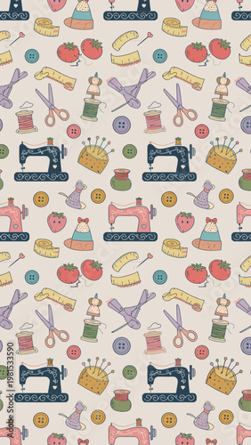 A vibrant and playful pattern featuring sewing essentials that inspire creativity and craftsmanship in every stitch!