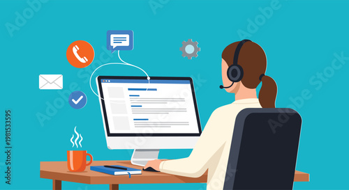 Customer support representative working at computer with headset, online communication service, technical assistance, help desk concept, digital customer care, remote service operator illustration