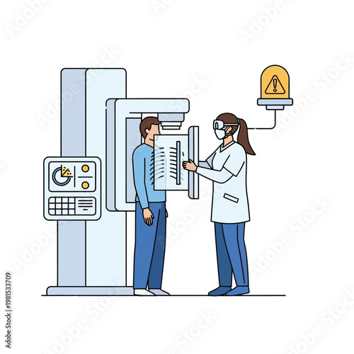 Radiology Technician Operating X-ray Machine on Patient.