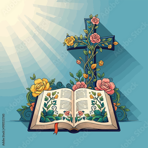 Holy Bible with Cross and Roses.