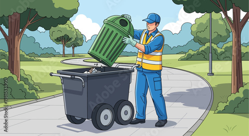 Sanitation worker emptying trash bin into cart.