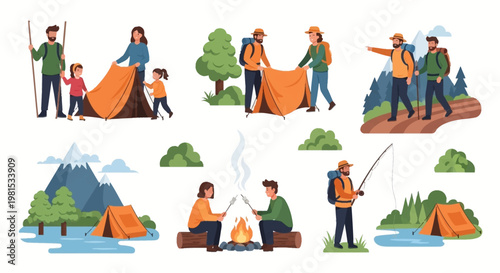Family Camping Adventure: Setting Up Tent, Hiking, Fishing, Campfire Fun