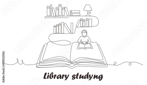 One continuous line drawing of Opened book. Education in school and library studying in simple linear style.Writing draft business in Editable stroke. Doodle vector illustration.