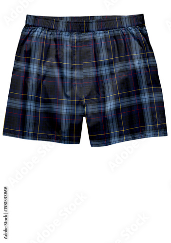 Mens plaid boxer shorts in navy and blue tartan comfortable sleepwear isilated on white background.