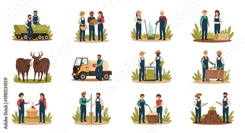Farm workers harvesting and processing crops, diverse agricultural scenes