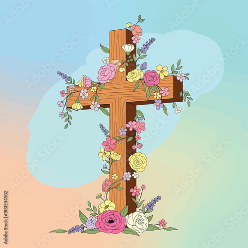 Cross decorated with colorful flowers.