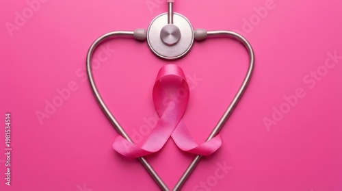 Medical stethoscope shaped like heart around pink breast cancer awareness ribbon on vibrant magenta.
