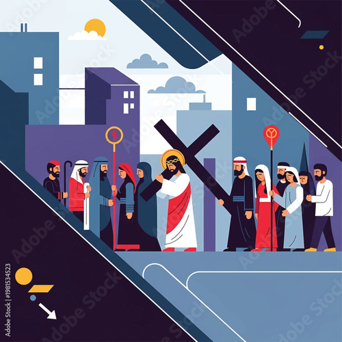 Jesus Christ Carrying Cross City Scene.