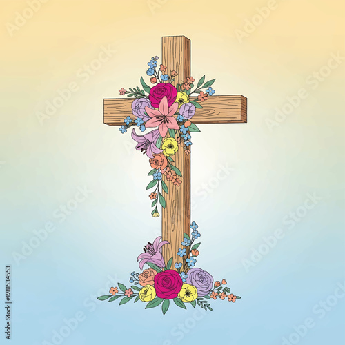 Cross decorated with colorful floral arrangement.