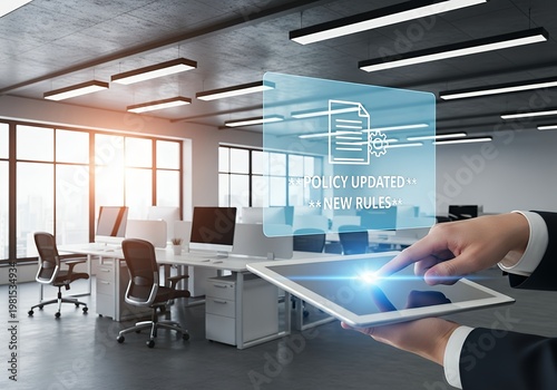 Businessman interacting with digital policy update on tablet