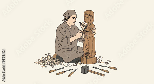 Japanese craftsman meticulously carving a wooden statue with traditional tools.