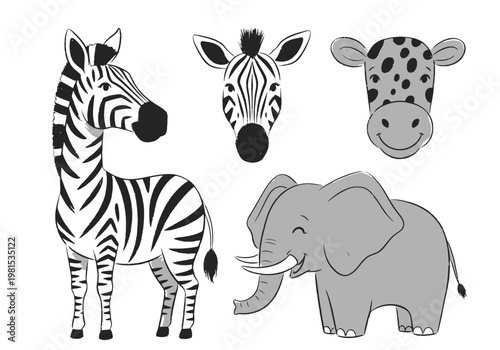 Set of funny animal faces and body parts, cute safari cartoon vector illustration for kids