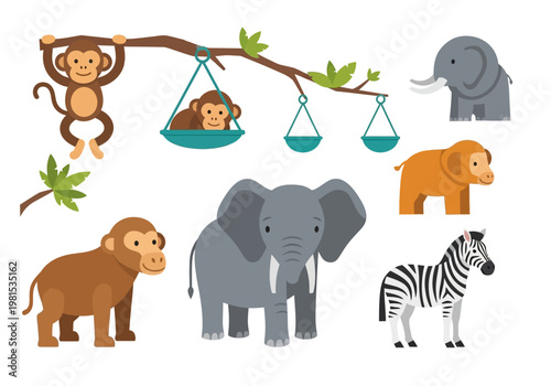 Cute cartoon animals vector illustration for kids drawing, featuring monkeys, elephants, and zebra