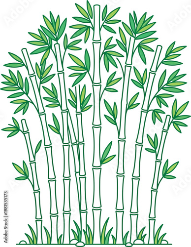 Dense bamboo forest grove with green leaves and grass base. Detailed oriental line art vector for nature, environment, zen, and sustainability themes. Isolated on transparent background.