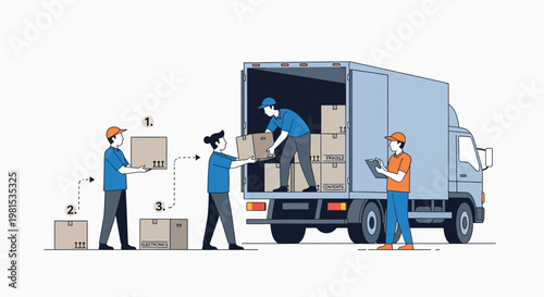 Logistics workers loading boxes onto a delivery truck.