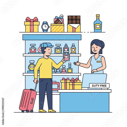 Man and Woman at Duty Free Shop Counter.