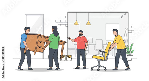 Office Workers Moving Furniture and Equipment.
