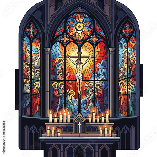 Jesus Christ on the cross stained glass.