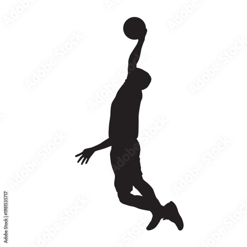 basketball player silhouette jumping to dunk ball.a black silhouette of a basketball player in mid-air, dunking a ball, against a white background, ideal for sports marketing and advertising