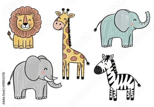 Cute hand-drawn vector animal drawing for kids, featuring a lion, giraffe, elephants, and zebra in a playful cartoon style