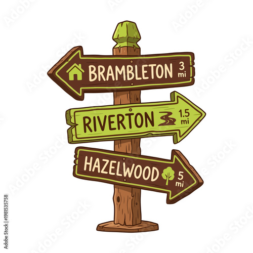 Rustic Wooden Directional Signpost with Fictional Town Names