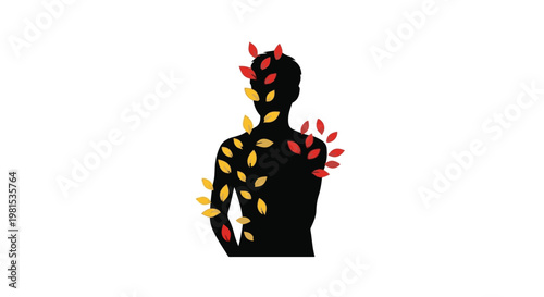 Person silhouette is surrounded by colorful autumn leaves representing the changing nature of human growth.