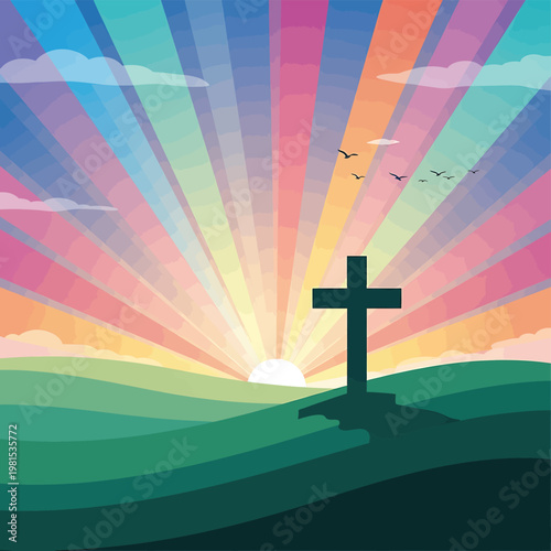 Cross on a hilltop at sunrise.