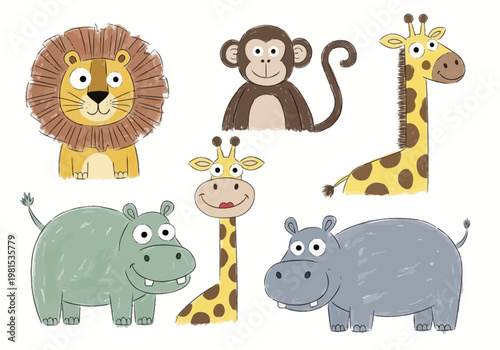 Cute cartoon animal drawing for kids, vector illustration of safari animals