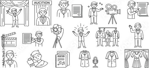 Actor and Film Industry Icon Set with Audition, Script, Camera, Stage, and Performance Elements for Cinema Production, Theater Design, and Entertainment Concepts