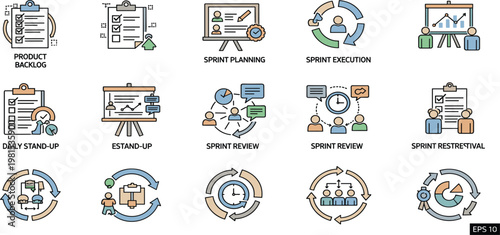 Agile Scrum Workflow Icon Set with Sprint Planning, Daily Standup, Review, Retrospective and Project Management Process Illustrations for Business and Development Teams