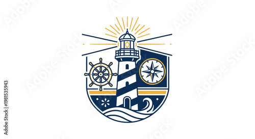 Nautical Emblem with Lighthouse, Compass and Ship Wheel Illustration