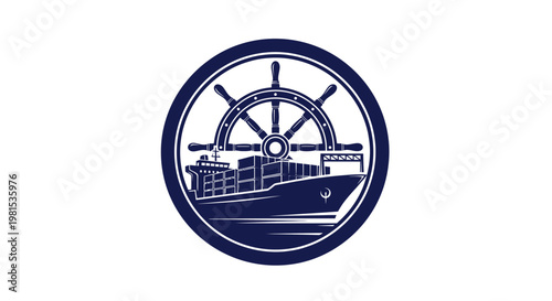 Nautical Emblem with Ship Wheel and Cargo Vessel Illustration