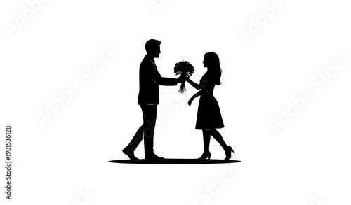 Romantic couple silhouette giving flowers Valentine love vector isolated on gray background