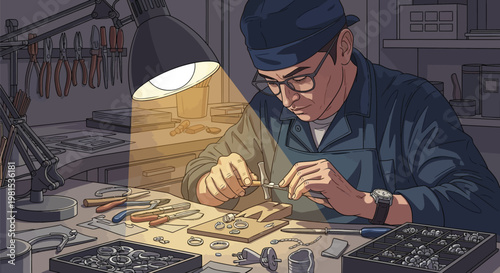 Man meticulously crafting jewelry under a warm lamp.