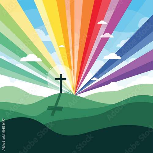 Cross on hill with rainbow colors.