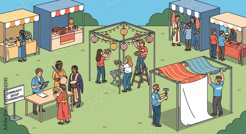 Medieval Market Scene with People Setting Up Stalls.