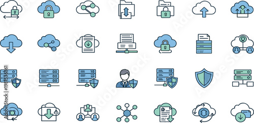 Cloud Computing and Data Security Icon Set with Storage, Backup, Encryption, Network and Server Protection Symbols for Technology, Cybersecurity and Digital Infrastructure Design