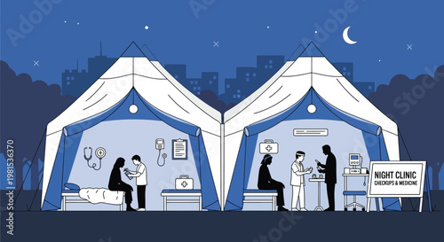 Temporary Medical Clinic Tents Providing Healthcare Services.