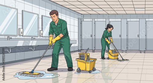 Two janitors cleaning a public restroom with mops.