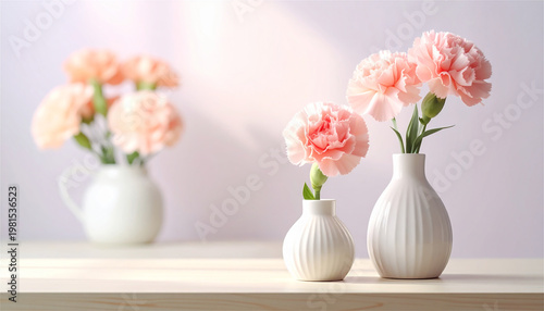 Soft Carnation Flowers in Minimal Vase Sunlight Home Interior Spring Mood