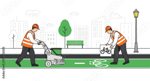 Two workers maintaining a city bike lane.