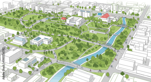 Urban green space development with river and modern buildings.