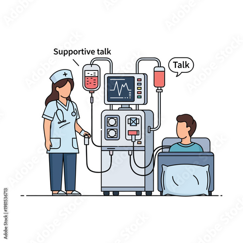 Nurse providing supportive talk during dialysis treatment to patient.