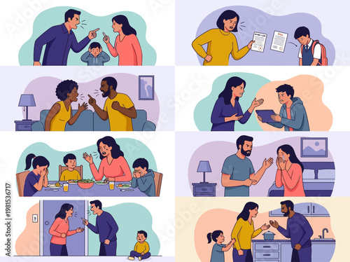 Family Conflict and Domestic Dispute Scenes Illustration Set: Toxic Parenting, Couple Arguments, and Emotional Stress Situations for Children