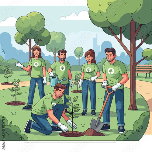 Volunteers planting trees in a park setting.
