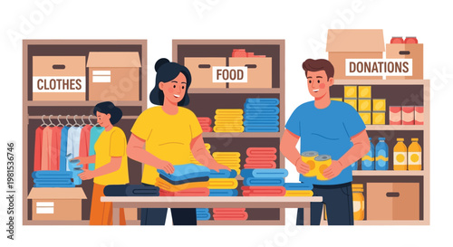 Volunteers sorting donations for charity organization.