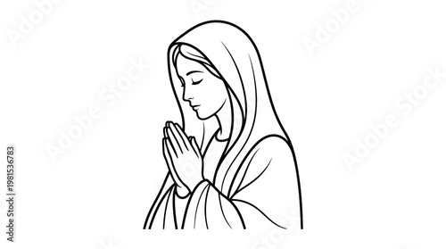 Virgin Mary Praying Line Art Illustration, Minimalist Christian Religious Woman in Prayer Vector Drawing, Catholic Spiritual Faith Sketch